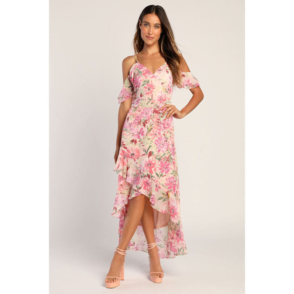 Lulus Watch Me Grow Pink Floral Print Cold-shoulder High-low Dress - Size M